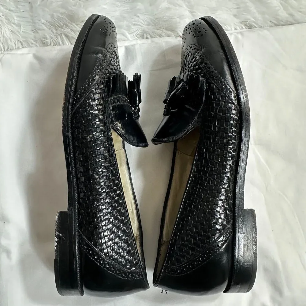 Neil Martin Black Woven Leather Tassel Loafers Mens 9 Kiltie Wingtip Brogue VTG
